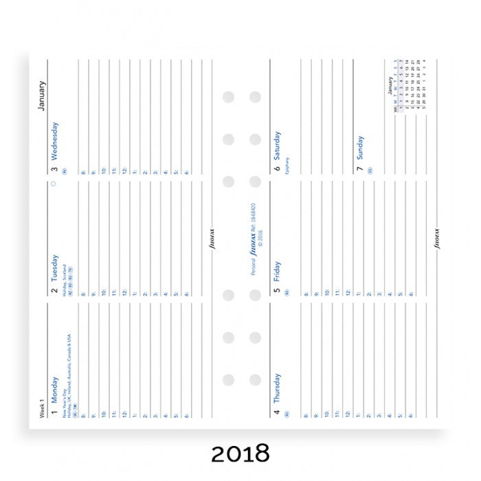Filofax - Paper Refills - Week on Two Pages - Personal - Horizontal 2018