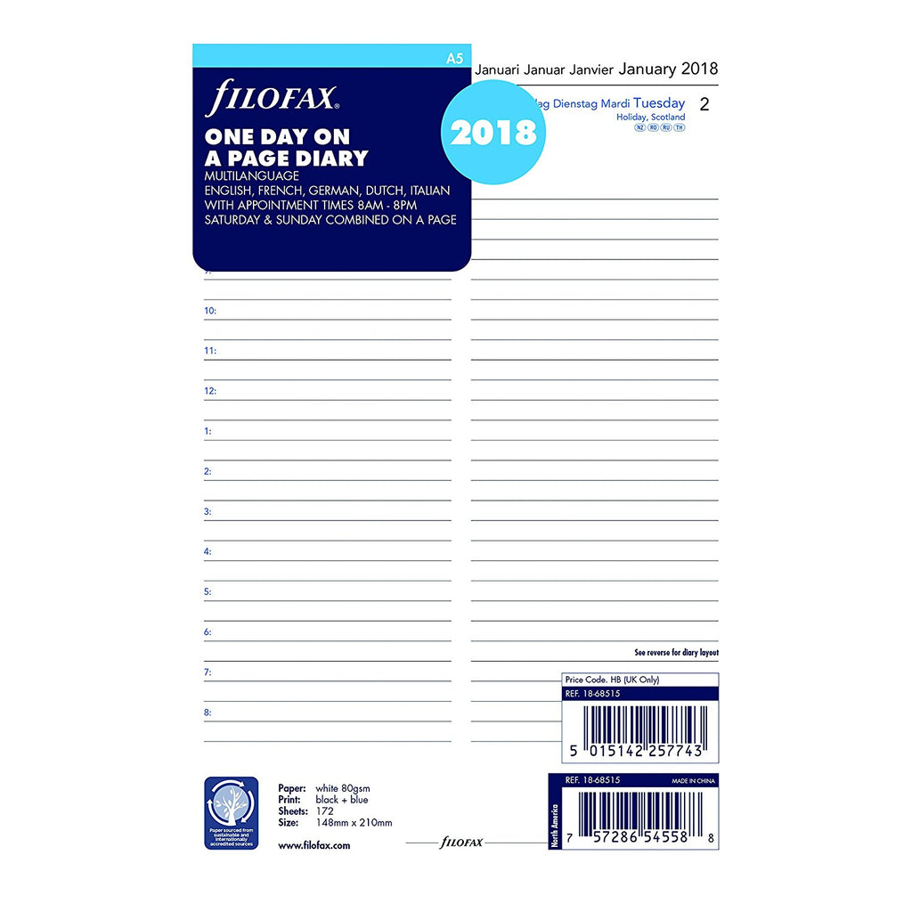 Filofax Refill, A5, Day per Page, 5 Languages, 2018