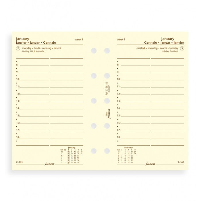 Filofax - Paper Refills - Mini - Day Per Page w Appointments - Cream - 4 Languages 2018