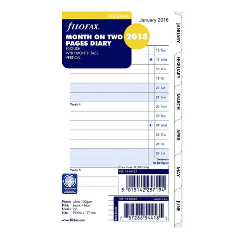 Filofax Month to View Tabbed English 2018 Personal / Compact Size Calendar Refill