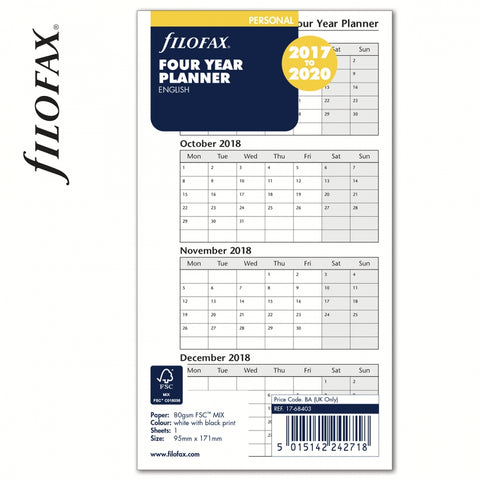 Filofax Refill, Personal / Compact, 4-year Vertical Planner, English, 2018