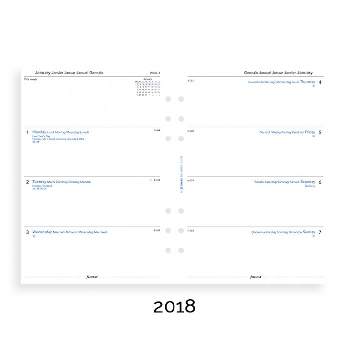 Filofax - Paper Refill - A5 - Week on Two Pages - 5 Languages 2018