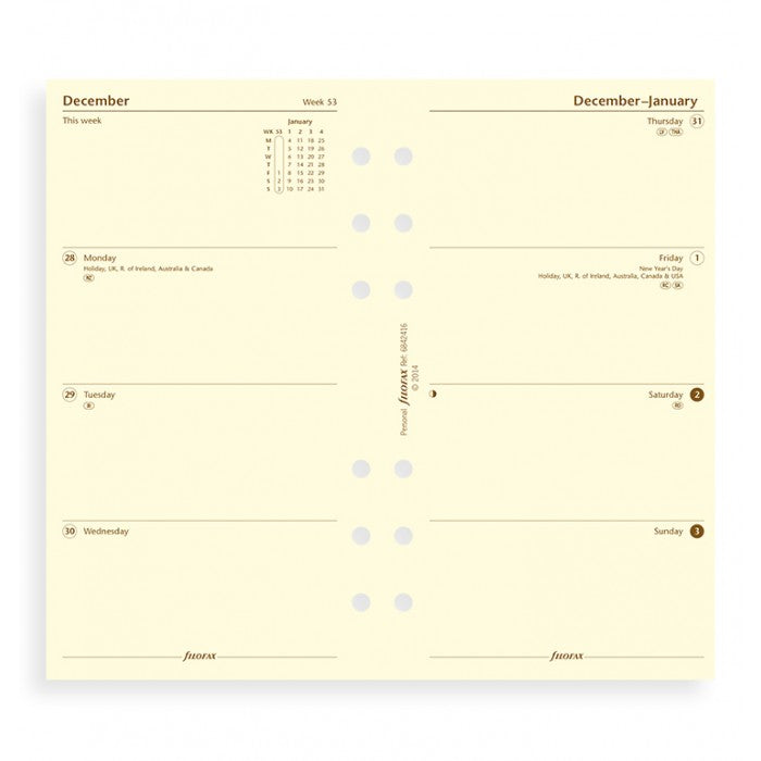 Filofax - Paper Refill - Personal - Week to View - Cream - English 2018