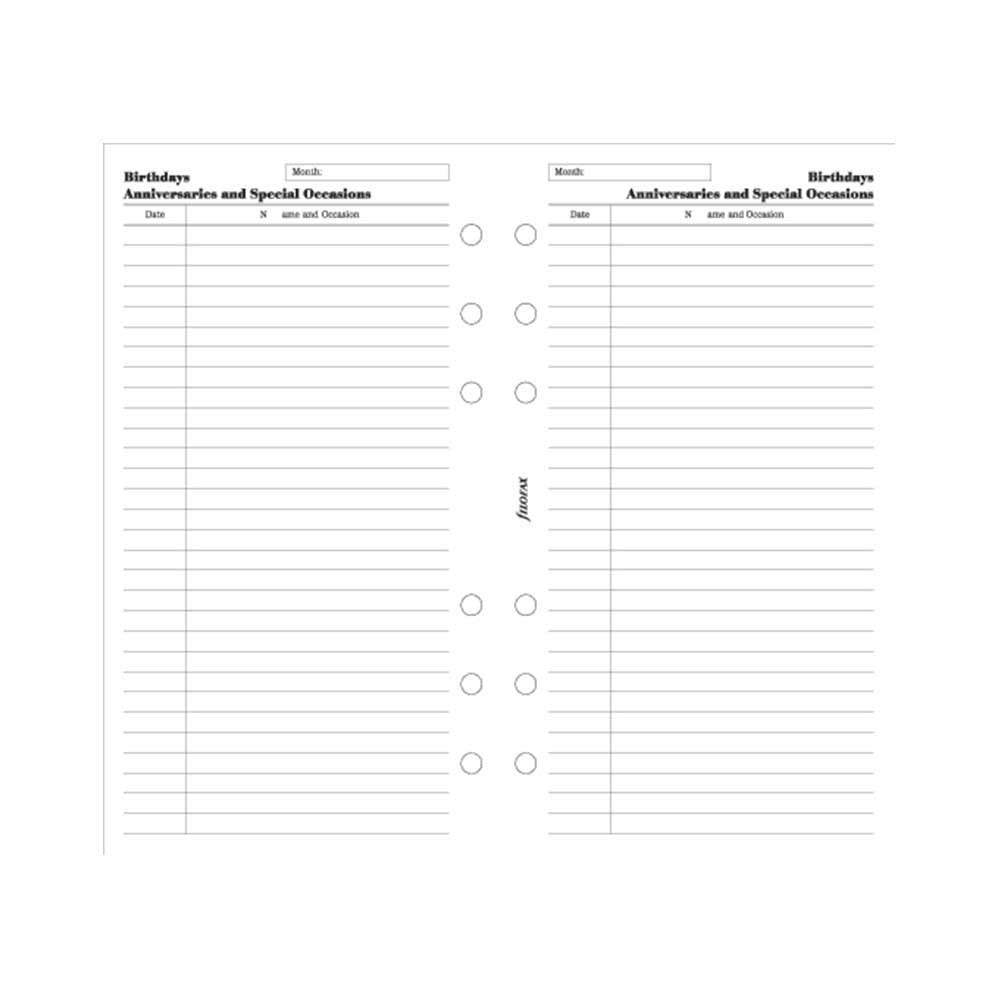 Filofax - Papers Birthdays, Anniversaries, Special Occasions - Personal Size