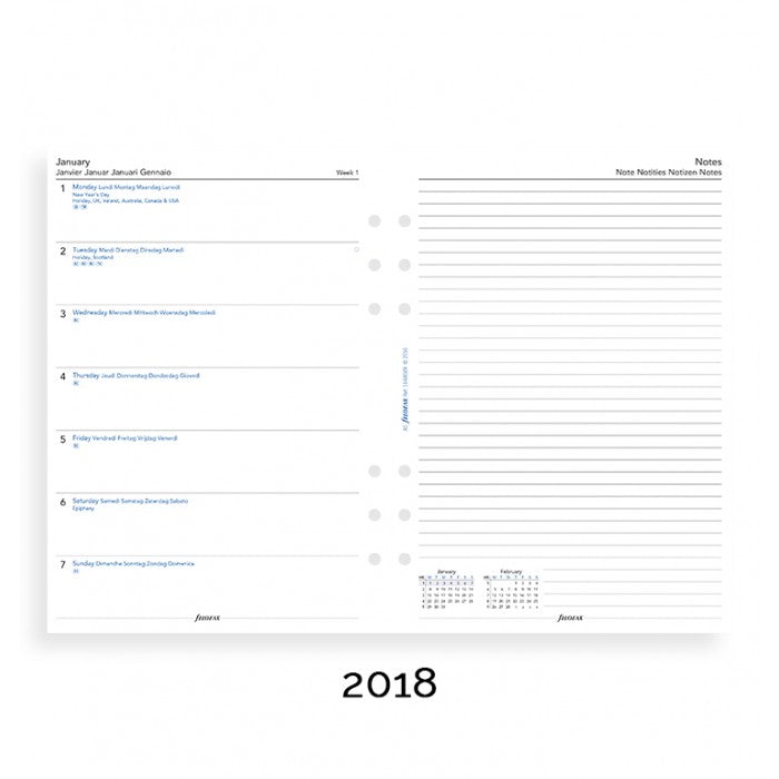 Filofax Week on Page with Notes 5 Languages 2018 A5 Size Calendar Refill