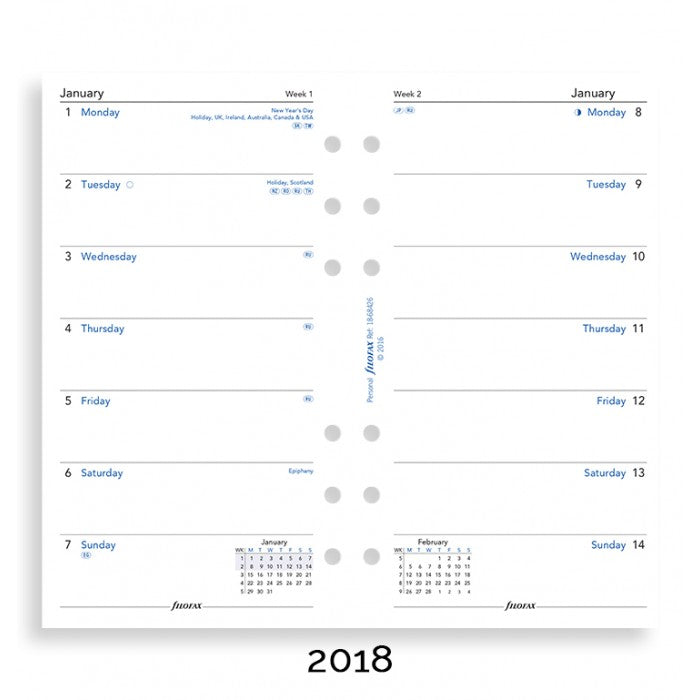 Filofax - Paper Refills - Personal - Week Per Page - English 2018