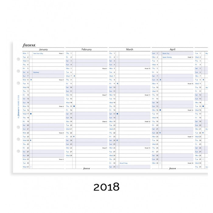 Filofax Full Year Vertical Planner English 2018 A5 Size Calendar Refill
