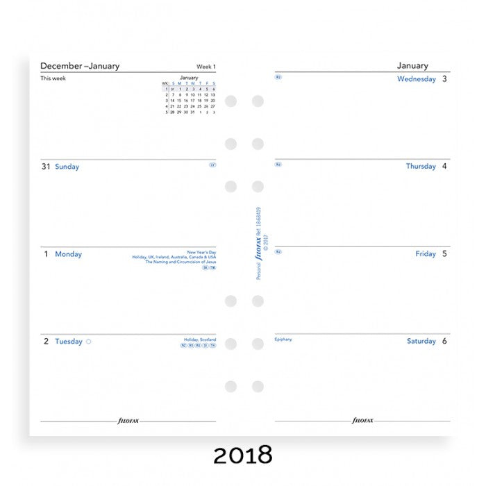 Filofax - Paper Refill - Personal - Week on Two Pages - Sunday Start - English 2018